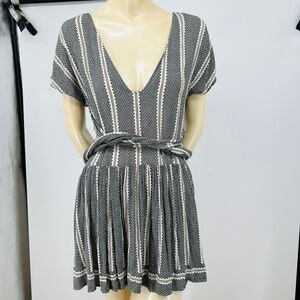 Free People Deep V-Neck Tie Front Waist Mini Dress S Vest Overlay Tribal Boho